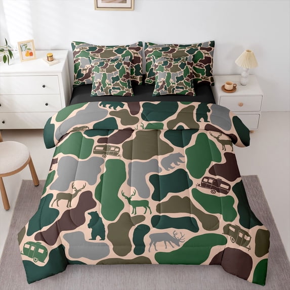 Manfei Vintage Camouflage 7pcs Queen Bedding,Cute Bear Bedding Comforter Set Queen,Green Brown,Black Reversible