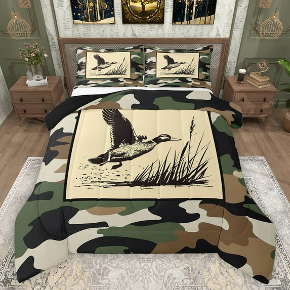 Manfei Vintage Camouflage Bedding Comforter Set,Mallard Duck Twin Comforter Sets,Beige Green Camo Bedding Set For Men Women,Ultra Soft Home Decor Reversible,2-Piece