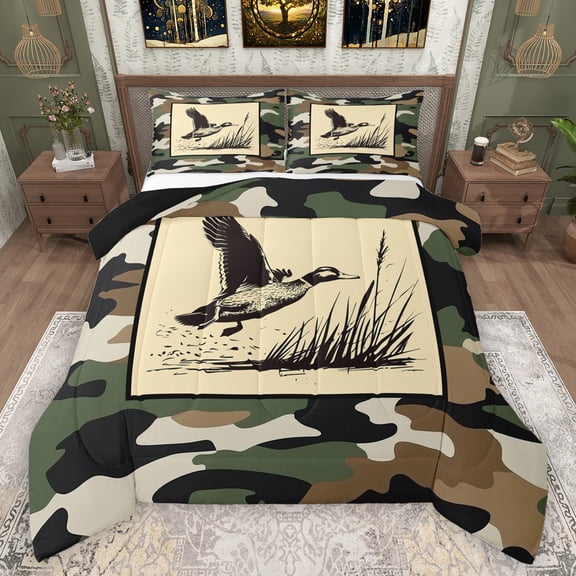 Manfei Vintage Camouflage Bedding Comforter Set,Mallard Duck Twin Comforter Sets,Beige Green Camo Bedding Set For Men Women,Ultra Soft Home Decor Reversible,2-Piece