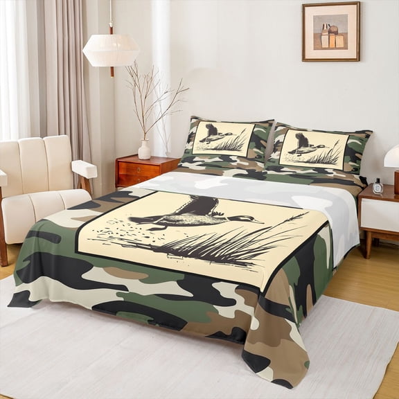 Manfei Vintage Camouflage Queen Sheet Sets,Mallard Duck Flat Sheet,Beige Green Camo Queen Fitted Sheet For Men Women,Ultra Soft Home Decor,4pcs