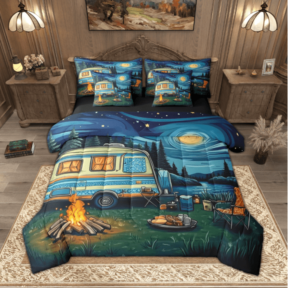Manfei Vintage Camper Bedding Comforter Set 7 Pieces, Happy Camping Queen Bedding Sets, Bonfire Campfire Queen Sheet Sets, Breathable Home Decor
