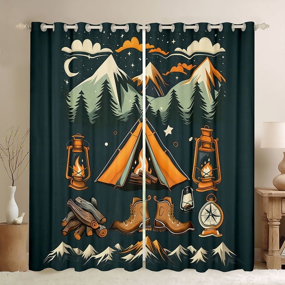 Manfei Vintage Camper Blackout Curtains Set of 2 (52x84 Each),Woodland Camping Print Curtain,Brown