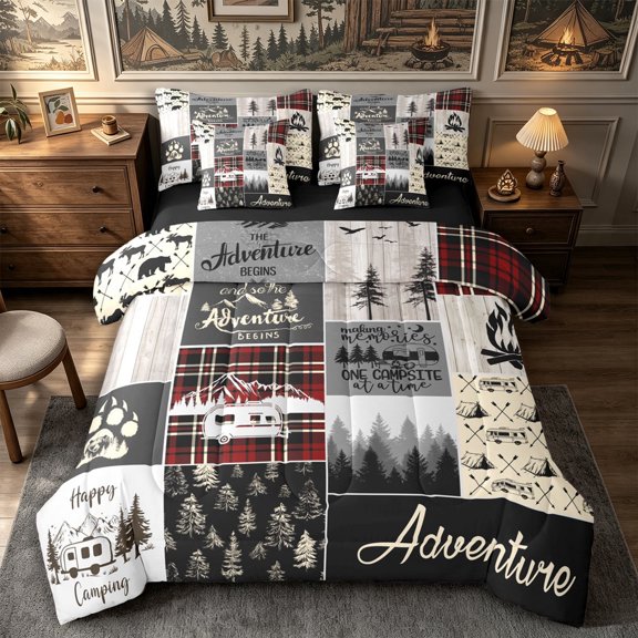 Manfei Vintage Camper Full Size Bedding Sets 7 Pieces,Adventure Theme Full Size Bed in a Bag,Red Black