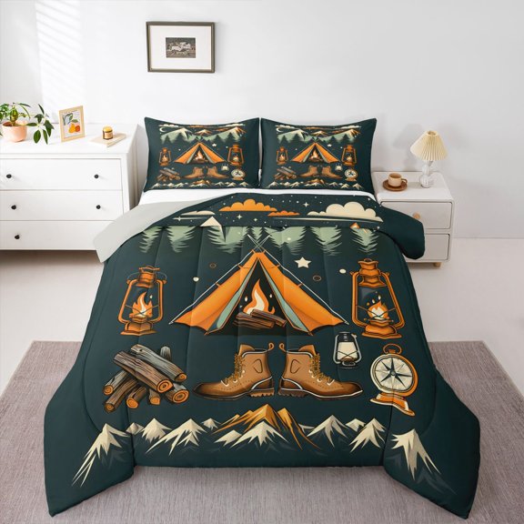 Manfei Vintage Camper Queen Comforter Set,Woodland Camping Print Comforter Sets Queen,Brown,Light Gray Reversible,3 Pieces,1 Comforter and 2 Pillowcases