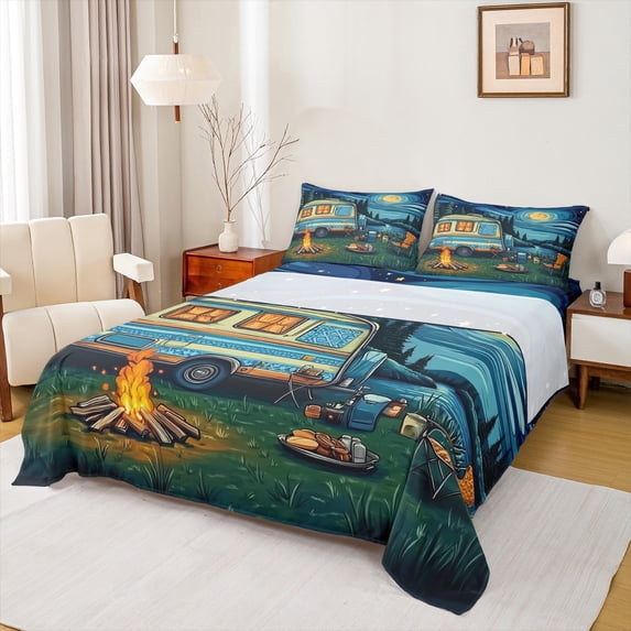 Manfei Vintage Camper Queen Sheet Sets, Happy Camping Flat Sheet, Bonfire Campfire Queen Fitted Sheet, Breathable Home Decor 4 Pieces