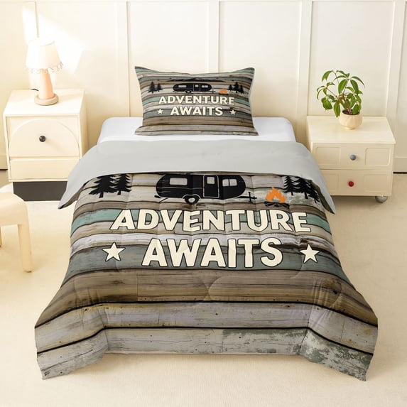 Manfei Vintage Camper Twin Comforter Sets,Rustic Farmhouse Cabin Bedding Set,Brown Green,Light Gray Reversible,2pcs,1 Comforter and 1 Pillowcase