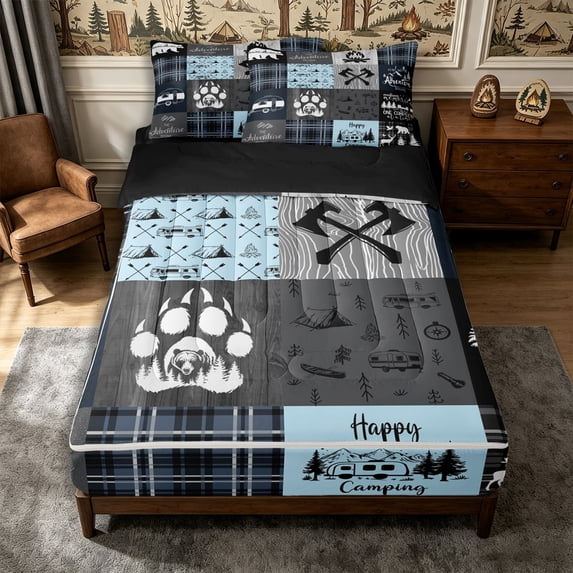 Manfei Vintage Cartoon Car Zipper Queen Comforter Set with Fitted Sheet and 2 Pillowcases,Animal Theme Zipper Bedding Set,Navy Light Blue,Reversible