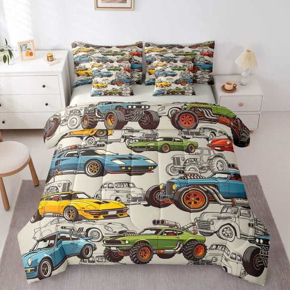 Manfei Vintage Cartoon Cars 7-Piece Twin Bedding,Extreme Games Bedding Comforter Set,Blue,Light Gray Reversible