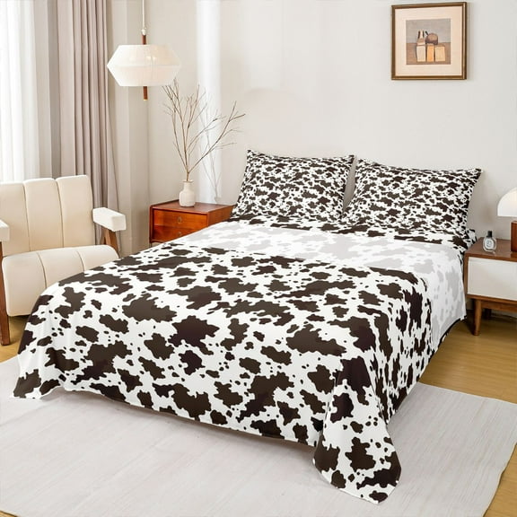Manfei Vintage Cattle Hide Full Size Sheets,Country Cowhide Print Bed Sheets,White Brown Sheet Sets For Teens,Super Cozy Room Decor,4 Pieces