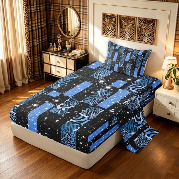 Manfei Vintage Cheetah Print Twin Sheets, Rustic Leopard Animal Bedding, Navy Black, 3pcs, 1 Flat Sheet, 1 Fitted Sheet and 1 Pillowcase