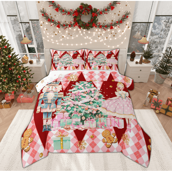 Manfei Vintage Christmas Festival Bedding Comforter Set for Kid, Xmas Tree Gifts Twin Comforter Sets, Green Checkered Buffalo Reversible Bedding Set, Ultra Soft Home Decor, 2pcs