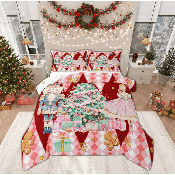 Manfei Vintage Christmas Festival Bedding Comforter Set for Kid, Xmas Tree Gifts Twin Comforter Sets, Green Checkered Buffalo Reversible Bedding Set, Ultra Soft Home Decor, 2pcs