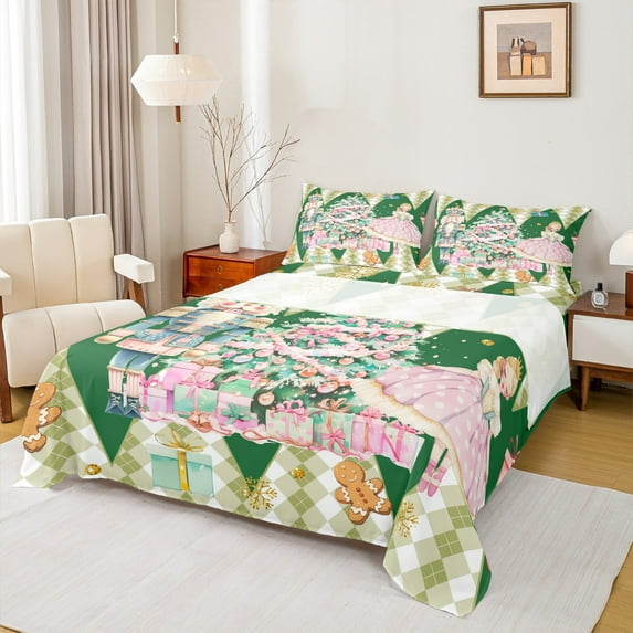 Manfei Vintage Christmas Festival Full Size Sheets for Kid, Xmas Tree Gifts Bed Sheets, Green Checkered Buffalo Sheet Sets, Breathable Home Decor, 4pcs