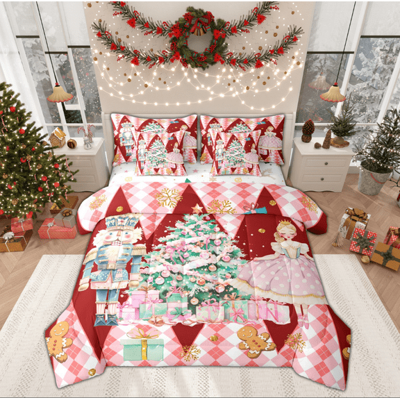 Manfei Vintage Christmas Festival Twin Bedding Sets 7-Piece for Kid, Xmas Tree Gifts Bedding Comforter Set, Green Checkered Buffalo Reversible Sheet Sets, Ultra Soft Home Decor
