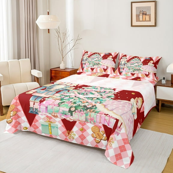 Manfei Vintage Christmas Festival Twin Sheet Sets for Kid, Xmas Tree Gifts Twin Fitted Sheet, Green Checkered Buffalo Flat Sheet, Ultra Soft Home Decor, 3pcs