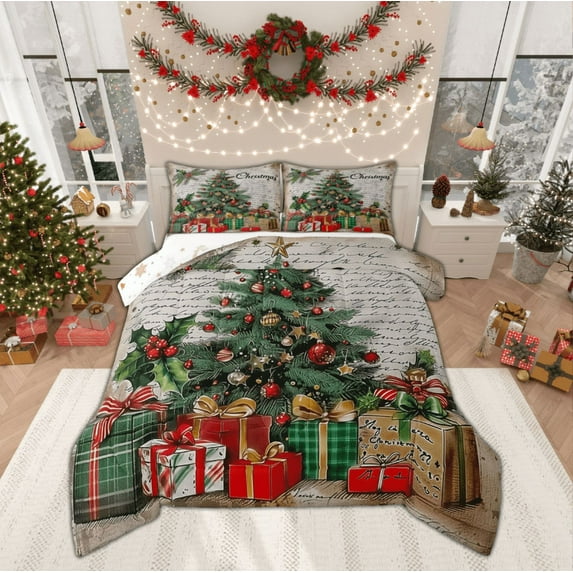 Manfei Vintage Christmas Gift Queen Comforter Set, Xmas Tree Bedding Comforter Set, Western Festival Theme Reversible Bedding Set, Microfiber Bedroom Decor, 3 Pieces