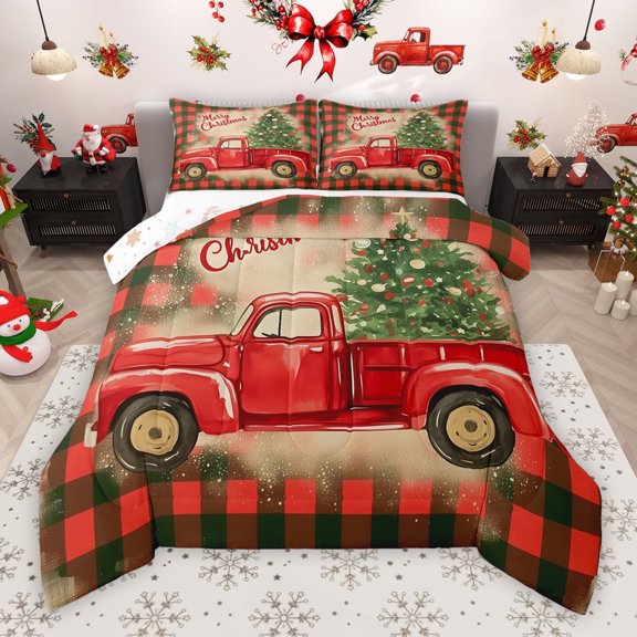 Manfei Vintage Christmas Truck Bedding Comforter Set for Kid, Watercolor Rustic Buffalo Twin Comforter Sets, Happy New Year Reversible Bedding Set, Lightweight Room Decor, 2-Piece