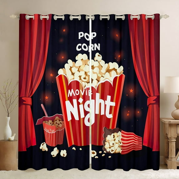 Manfei Vintage Cinema Tricket Curtains Pack of 2 (42x84 Each), Black Red Popcorn Filmstrip Curtains Blackout, Movie Theater Theme Bedroom Curtains, Curtains and Drapes Home Decor