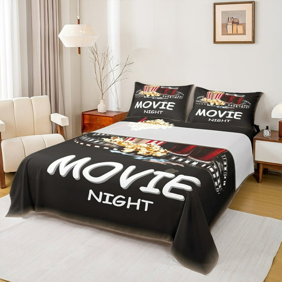Manfei Vintage Cinema Tricket Full Size Sheets, Popcorn Filmstrip Bed Sheets, Movie Theater Theme Sheet Sets, Lightweight Room Decor, 4-Piece