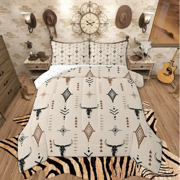 Manfei Vintage Cow Skull Bedding Comforter Set, Rustic Lodge Cabin Twin Comforter Sets, Bohemian Aztec Bedding Set, Beige Brown Black Bedroom Decor, Reversible 2pcs