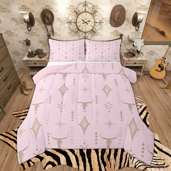Manfei Vintage Cow Skull Queen Comforter Set, Rustic Lodge Cabin Bedding Sets, Bohemian Aztec Bedding Comforter Set, Beige Brown Black Bedroom Decor, Reversible 3 Pieces