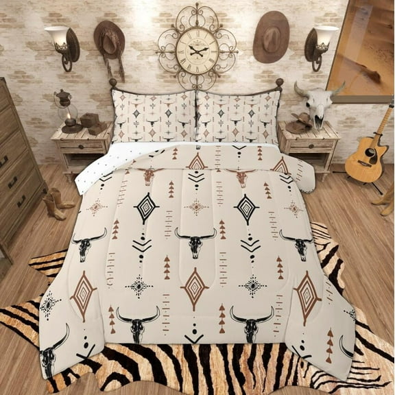 Manfei Vintage Cow Skull Queen Comforter Set, Rustic Lodge Cabin Bedding Sets, Bohemian Aztec Bedding Comforter Set, Beige Brown Black Bedroom Decor, Reversible 3 Pieces