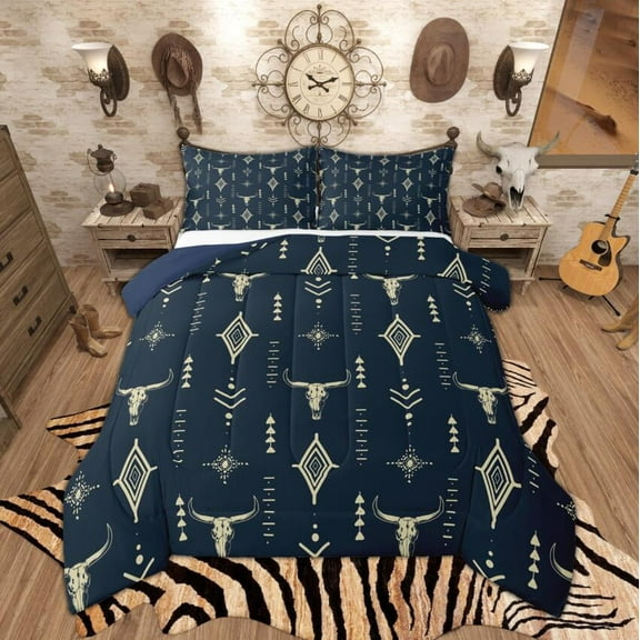 Manfei Vintage Cow Skull Queen Comforter Set, Rustic Lodge Cabin Bedding Sets, Bohemian Aztec Bedding Comforter Set, Navy Blue Beige Bedroom Decor, Reversible 3 Pieces