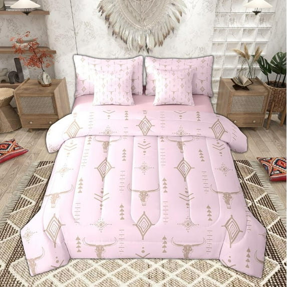 Manfei Vintage Cow Skull Twin Bedding Sets 7-Piece, Rustic Lodge Cabin Bedding Comforter Set, Bohemian Aztec Sheet Sets, Beige Brown Black Bedroom Decor