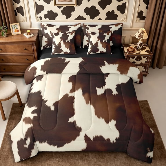 Manfei Vintage Cow Spot 7-Piece Twin Bedding,Minimalist Animal Pattern Bedding Comforter Set,Brown Cream