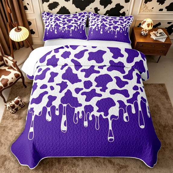Manfei Vintage Cow Spot Bed Spread Queen 3pcs,Abstract Animal Spot Queen Coverlet Set,Violet White,1 Quilt and 2 Pillowcases
