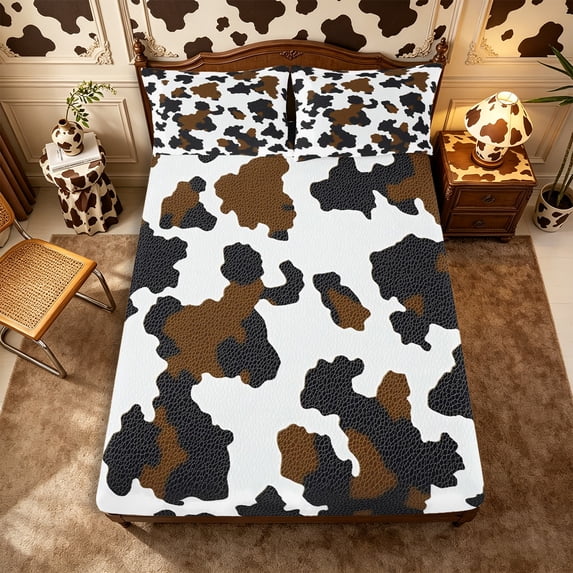 Manfei Vintage Cow Spot Fitted Sheet Full 3 Pieces,Abstract Animal Spot Bed Set,Brown White Black,1 Fitted Sheet and 2 Pillowcases