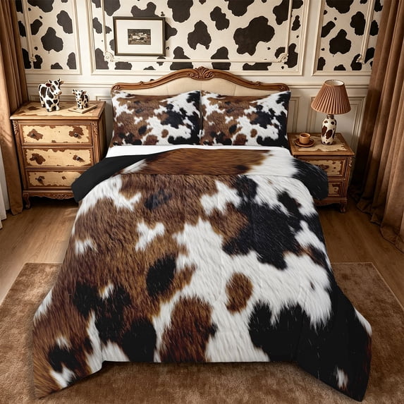 Manfei Vintage Cow Spot King Size Comforter Sets 3pcs,Rustic Farm Animal Comforters King Size,Brown White Black,1 Comforter and 2 Pillowcases,Reversible
