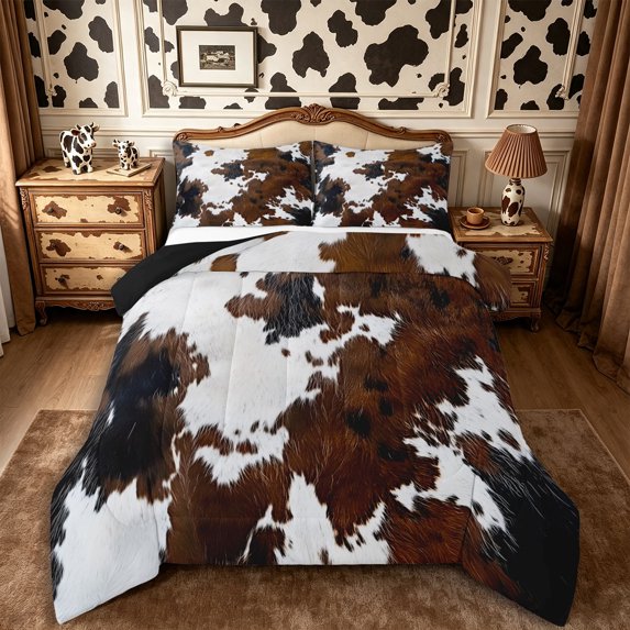 Manfei Vintage Cow Spot Queen Comforter Set 3 Pieces,Abstract Animal Spot Comforter Sets Queen,Brown White,1 Comforter and 2 Pillowcases,Reversible