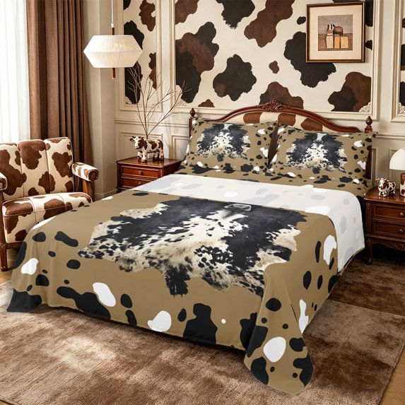 Manfei Vintage Cow Spot Queen Sheets 4 Pieces,Farm Animal Queen Sheet Sets,Black Beige,1 Flat Sheet,1 Fitted Sheet and 2 Pillowcases
