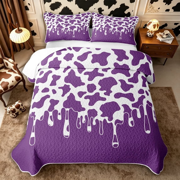 Manfei Vintage Cow Spot Quilt King 3 Pieces,Minimalist Animal Pattern King Coverlet Set,Purple White,1 Bedspread and 2 Pillowcases