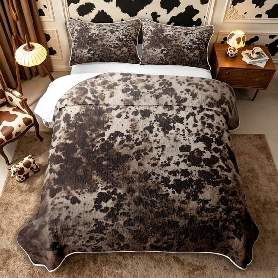 Manfei Vintage Cow Spot Quilt King 3 Pieces,Rustic Farm Animal King Coverlet Set,Cream Brown,1 Bedspread and 2 Pillowcases