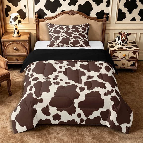 Manfei Vintage Cow Spot Twin Comforter Sets 2pcs,Rustic Farm Animal Bedding Set,Beige Brown,1 Comforter and 1 Pillowcase,Reversible