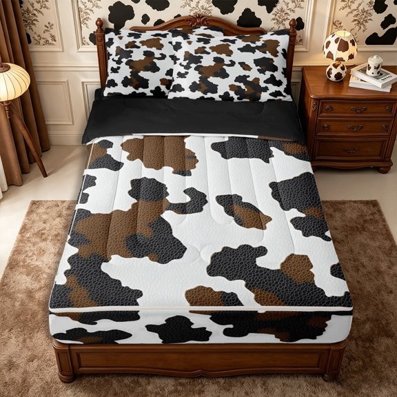 Manfei Vintage Cow Spot Zipper Twin Comforter Sets with Fitted Sheet and 2 Pillowcases,Abstract Animal Spot Zipper Bedding Set,Brown White Black,Reversible