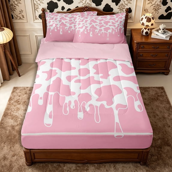 Manfei Vintage Cow Spot Zipper Twin Comforter Sets with Fitted Sheet and 2 Pillowcases,Minimalist Animal Pattern Zipper Bedding Set,Pink White,Reversible