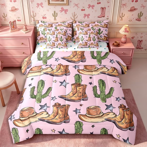Manfei Vintage Cowboy Full Size Bedding Sets 7 Pieces,Western Theme Full Size Bed in a Bag,Pink Brown