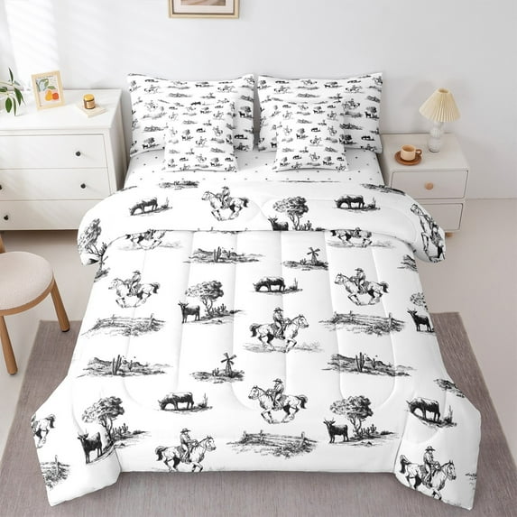 Manfei Vintage Cowboys Bedding Comforter Set 7pcs,Retro Farm Windmill Queen Bedding Sets,Rustic Farmhouse Cow Queen Sheet Sets For Teens,Breathable Home Decor Reversible