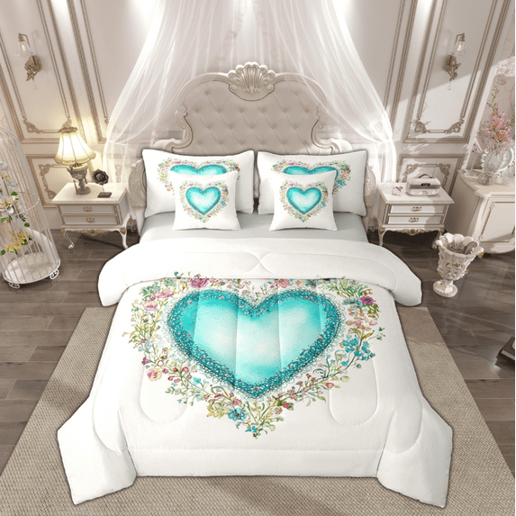 Manfei Vintage Cyan Love Heart Bedding Comforter Set 7-Piece, Western Rustic Flower King Bedding Sets, Teen Kid Child Adult Reversible Bed Sheets, Lightweight Room Decor