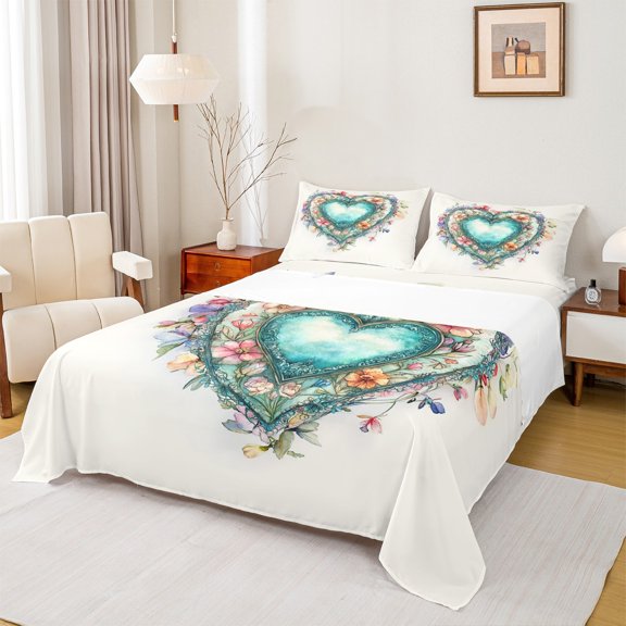 Manfei Vintage Cyan Love Heart Full Size Sheets, Western Rustic Flower Bed Sheets, Teen Kid Child Adult Sheet Sets, Super Cozy Room Decor, 4pcs