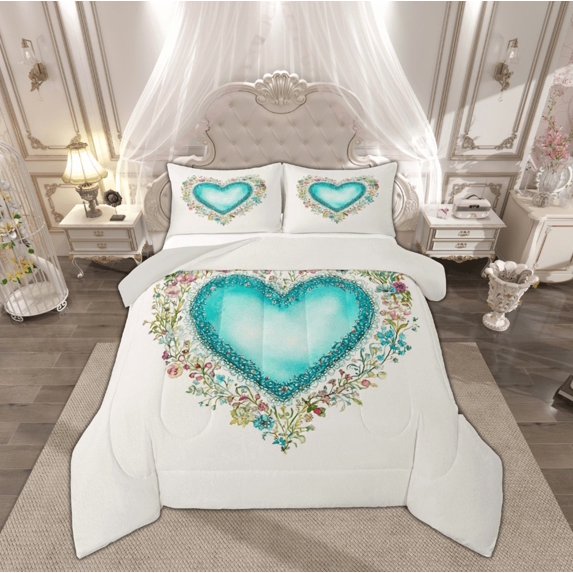 Manfei Vintage Cyan Love Heart Queen Comforter Set, Western Rustic Flower Bedding Sets, Teen Kid Child Adult Reversible Bedding Comforter Set, Lightweight Room Decor, 3pcs