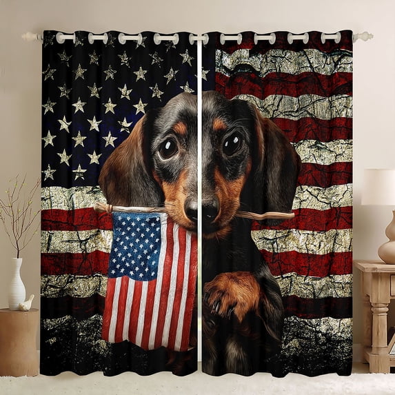 Manfei Vintage Dachshund Kitchen Curtains, American Flag Black Out Curtains Pack of 2 (42x63 Each), Black Brown