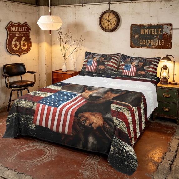 Manfei Vintage Dachshund Queen Sheets, American Flag Queen Sheet Sets, Black Brown, Colorful Stars Reversible 4-Piece (1 Flat Sheet, 1 Fitted Sheet and 2 Pillowcases)