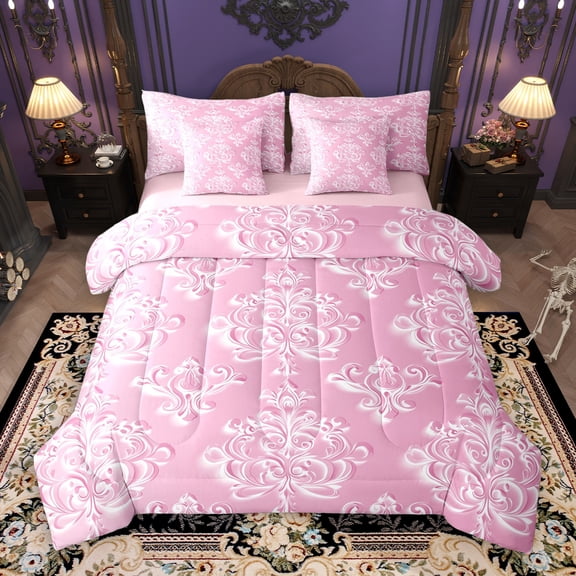 Manfei Vintage Damask 7pcs Bedding Comforter Set,Boho Flower Queen Bedding Sets,Pink Victorian Floral Queen Sheet Sets For Girl Kids,Breathable Bedroom Decorative Reversible