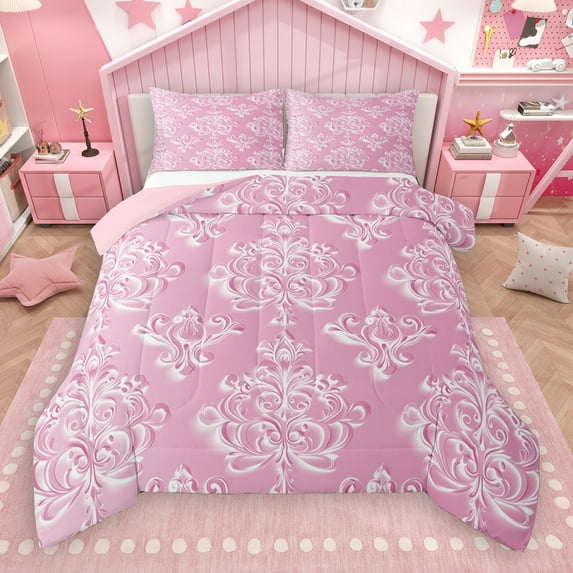 Manfei Vintage Damask Bedding Comforter Set,Boho Flower Twin Comforter Sets,Pink Victorian Floral Bedding Set For Girl Kids,Breathable Bedroom Decorative Reversible,2-Piece