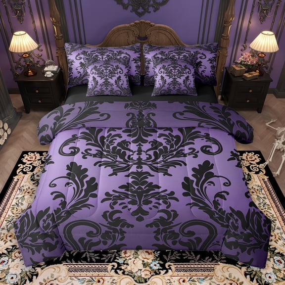 Manfei Vintage Damask Female 7-Piece Bedding Comforter Set, Mystic Purple Boho Floral King Bedding Sets, Southwestern Reversible Bed Sheets, Microfiber Bedroom Decor
