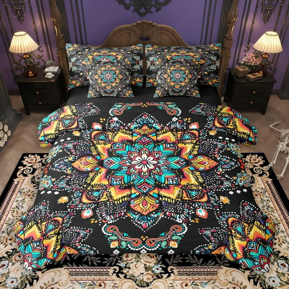 Manfei Vintage Damask Female 7pcs Bedding Comforter Set, Mystic Orange Blue Floral Queen Bedding Sets, Southwestern Reversible Queen Sheet Sets, Microfiber Bedroom Decor